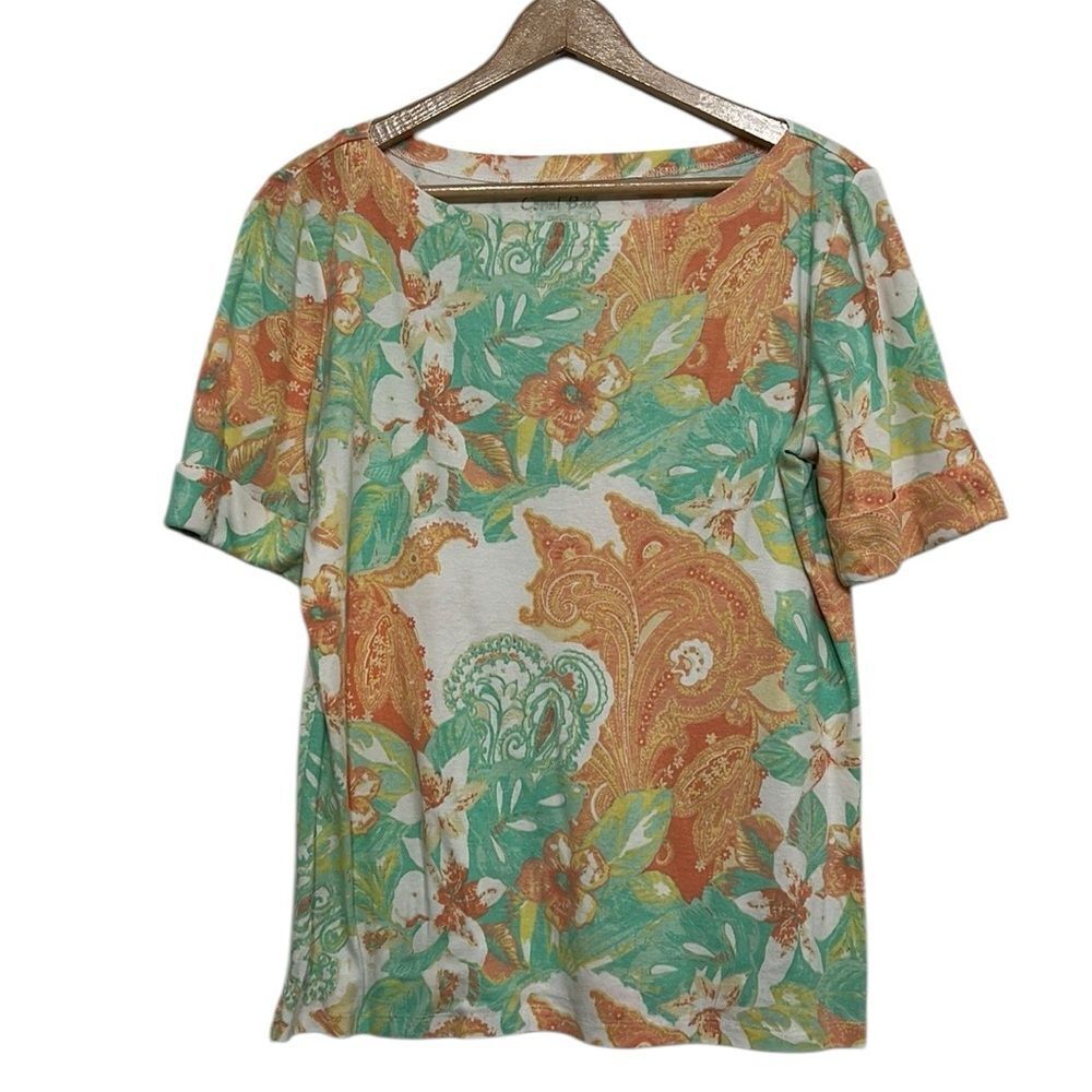 Coral Bay Women’s Top Size Large Petite Tropical Print Shirt Sleeve Cotton Blend